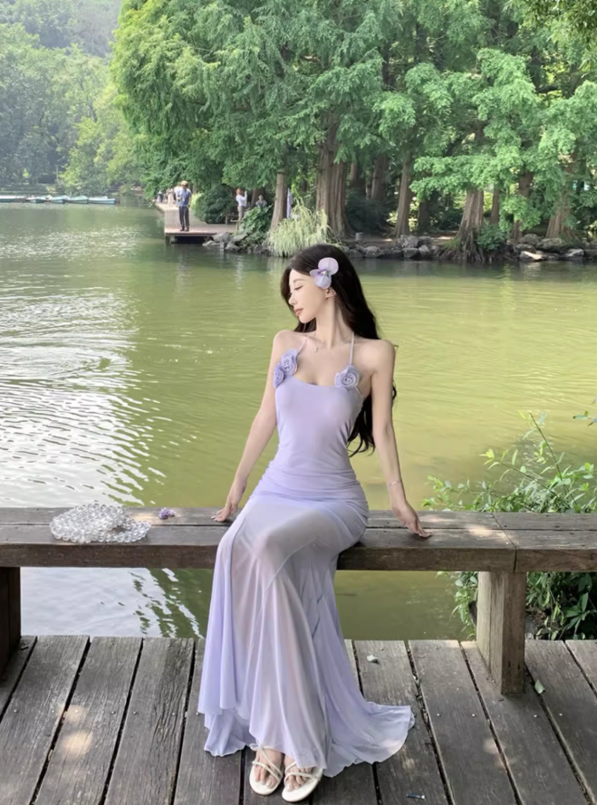 Ethereal Stretchy Breathable Mermaid Dress Backless Sheath Halter Long Dress AP0686