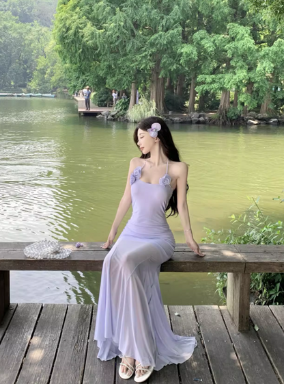 Ethereal Stretchy Breathable Mermaid Dress Backless Sheath Halter Long Dress AP0686