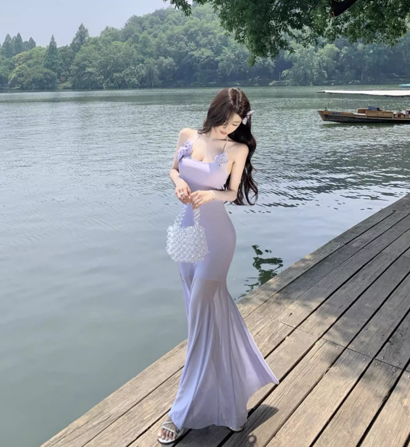 Ethereal Stretchy Breathable Mermaid Dress Backless Sheath Halter Long Dress AP0686