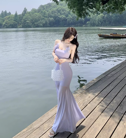 Ethereal Stretchy Breathable Mermaid Dress Backless Sheath Halter Long Dress AP0686