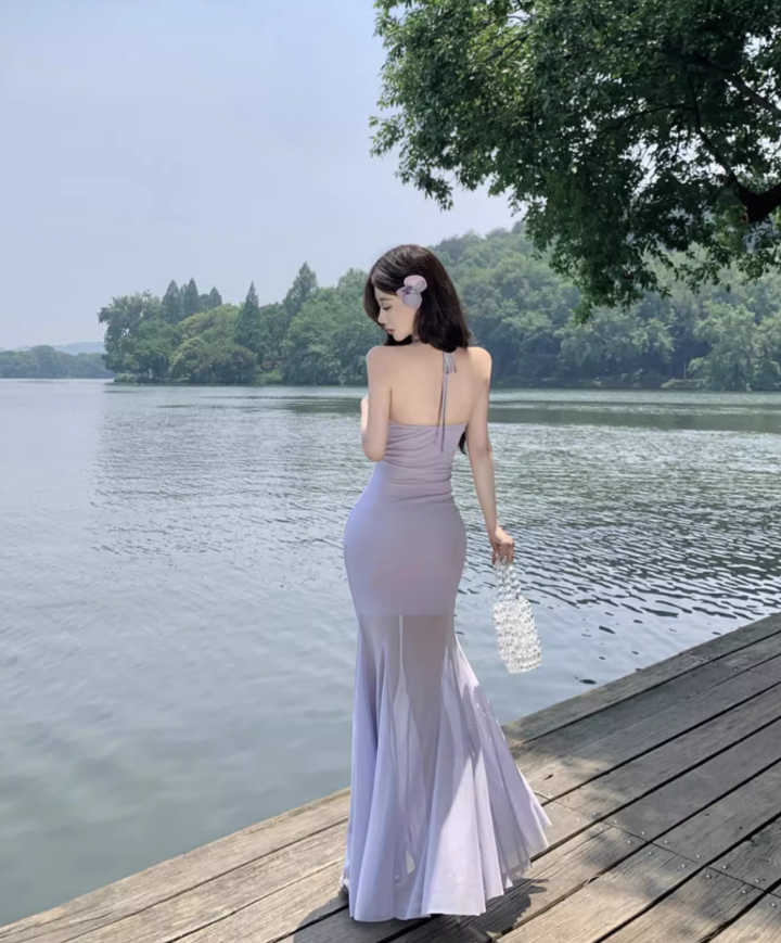 Ethereal Stretchy Breathable Mermaid Dress Backless Sheath Halter Long Dress AP0686