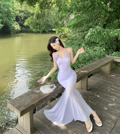 Ethereal Stretchy Breathable Mermaid Dress Backless Sheath Halter Long Dress AP0686