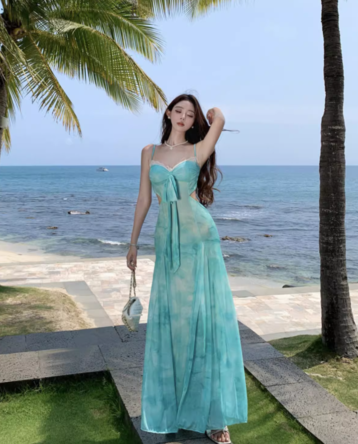 Luxury Niche Boho Lace Trimmed Maxi Dress Spaghetti Strap Open-Waist Long Dress AP0687