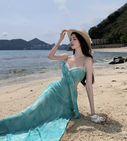 Luxury Niche Boho Lace Trimmed Maxi Dress Spaghetti Strap Open-Waist Long Dress AP0687