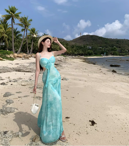 Luxury Niche Boho Lace Trimmed Maxi Dress Spaghetti Strap Open-Waist Long Dress AP0687