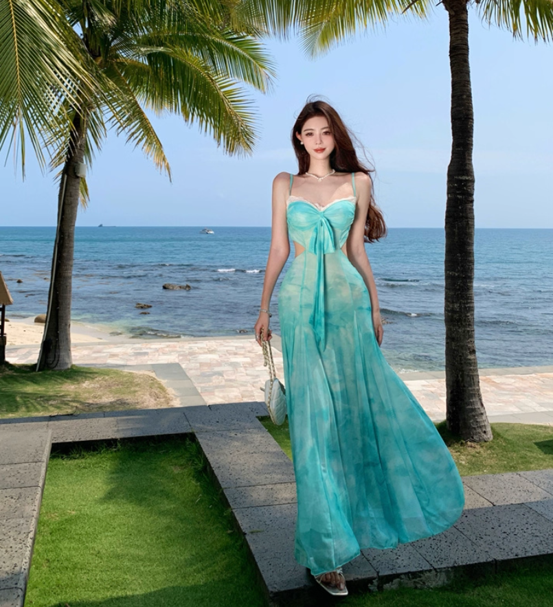 Luxury Niche Boho Lace Trimmed Maxi Dress Spaghetti Strap Open-Waist Long Dress AP0687