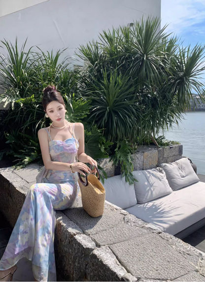 Ethereal Flowy Two-Piece Ruffle Tie-Dye Maxi Dress Spaghetti Strap Open-Waist Sheath Long Dress AP0688