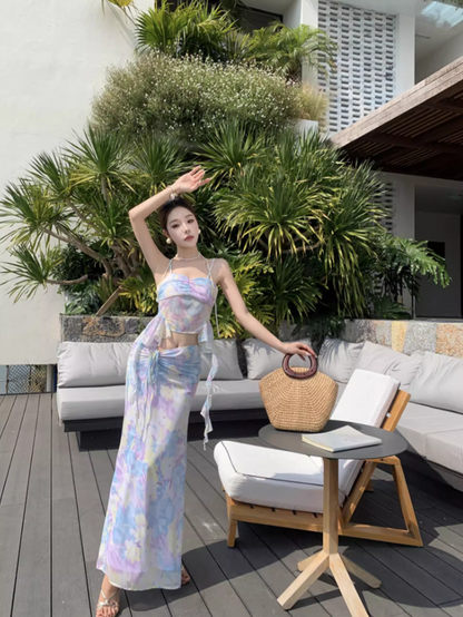 Ethereal Flowy Two-Piece Ruffle Tie-Dye Maxi Dress Spaghetti Strap Open-Waist Sheath Long Dress AP0688