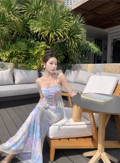 Ethereal Flowy Two-Piece Ruffle Tie-Dye Maxi Dress Spaghetti Strap Open-Waist Sheath Long Dress AP0688