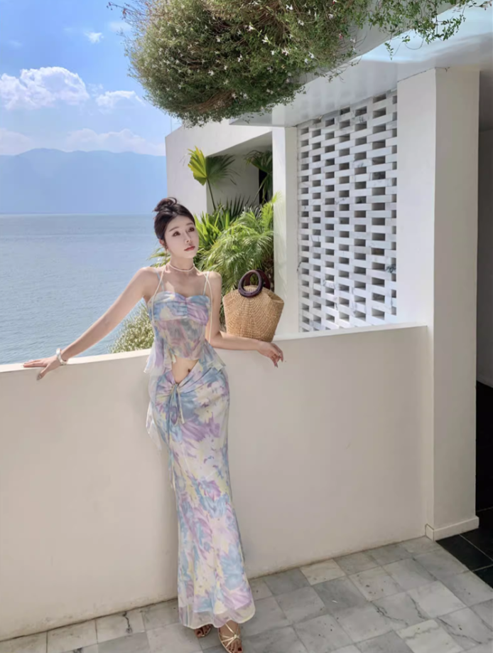 Ethereal Flowy Two-Piece Ruffle Tie-Dye Maxi Dress Spaghetti Strap Open-Waist Sheath Long Dress AP0688