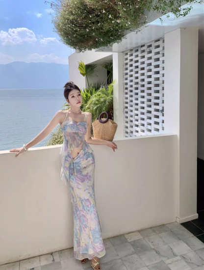 Ethereal Flowy Two-Piece Ruffle Tie-Dye Maxi Dress Spaghetti Strap Open-Waist Sheath Long Dress AP0688