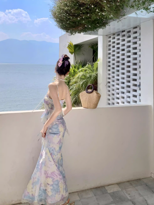 Ethereal Flowy Two-Piece Ruffle Tie-Dye Maxi Dress Spaghetti Strap Open-Waist Sheath Long Dress AP0688