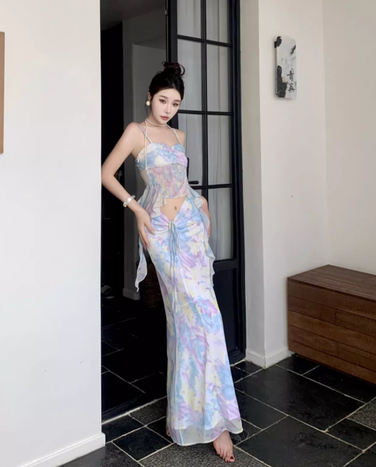 Ethereal Flowy Two-Piece Ruffle Tie-Dye Maxi Dress Spaghetti Strap Open-Waist Sheath Long Dress AP0688