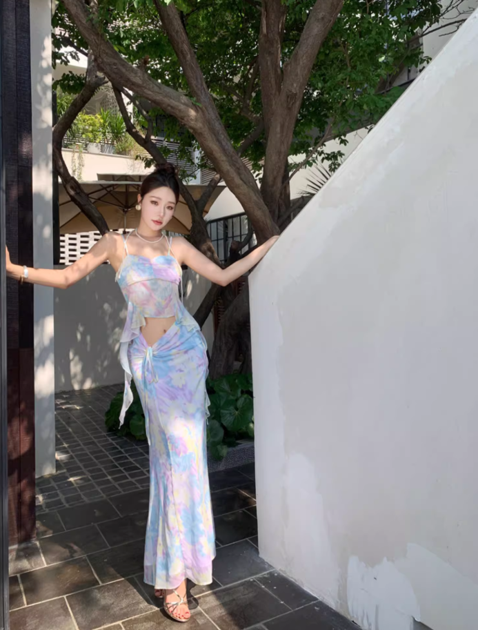 Ethereal Flowy Two-Piece Ruffle Tie-Dye Maxi Dress Spaghetti Strap Open-Waist Sheath Long Dress AP0688