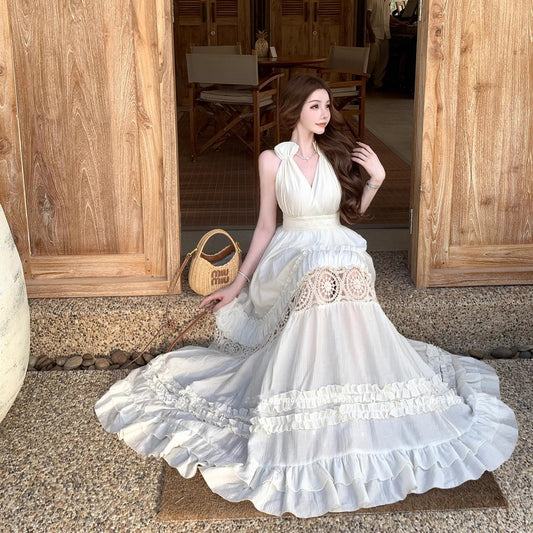 Ethereal Boho Style Hollow-Out Maxi Dress Backless Breathable Halter Long Dress AP0689