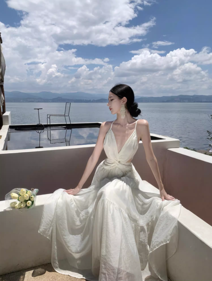 Ethereal Beach Vacation Open-Waist Maxi Dress Spaghetti Strap Backless Swishy Long Dress AP0690