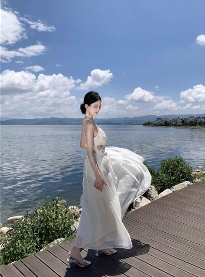 Ethereal Beach Vacation Open-Waist Maxi Dress Spaghetti Strap Backless Swishy Long Dress AP0690