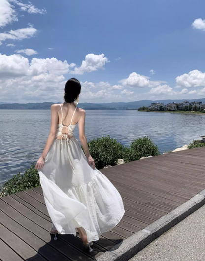 Ethereal Beach Vacation Open-Waist Maxi Dress Spaghetti Strap Backless Swishy Long Dress AP0690