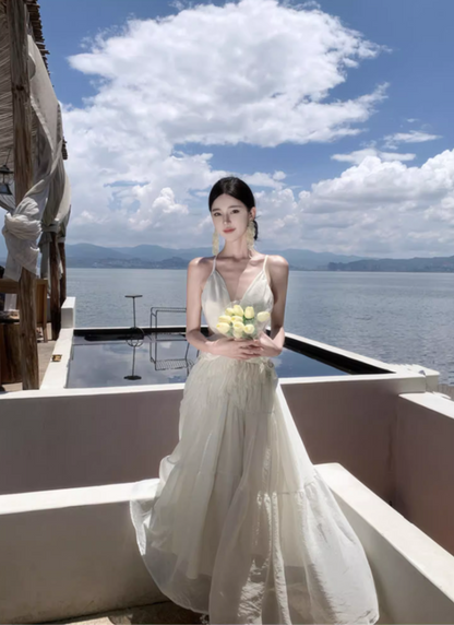 Ethereal Beach Vacation Open-Waist Maxi Dress Spaghetti Strap Backless Swishy Long Dress AP0690