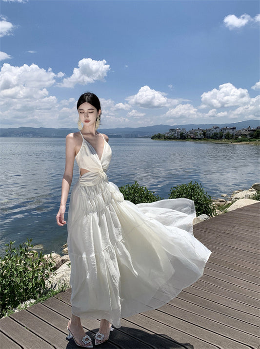 Ethereal Beach Vacation Open-Waist Maxi Dress Spaghetti Strap Backless Swishy Long Dress AP0690