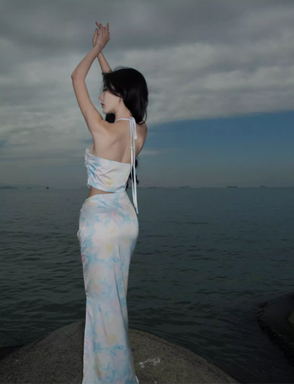 Chic Smooth Fabric Floral Print Maxi Dress Hollow-Out Sheath Halter Long Dress AP0691