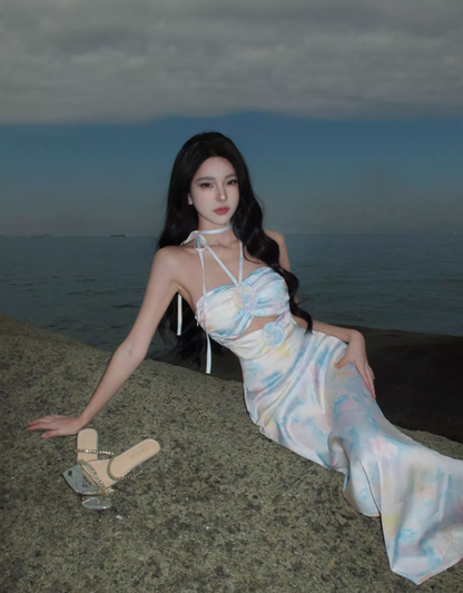 Chic Smooth Fabric Floral Print Maxi Dress Hollow-Out Sheath Halter Long Dress AP0691