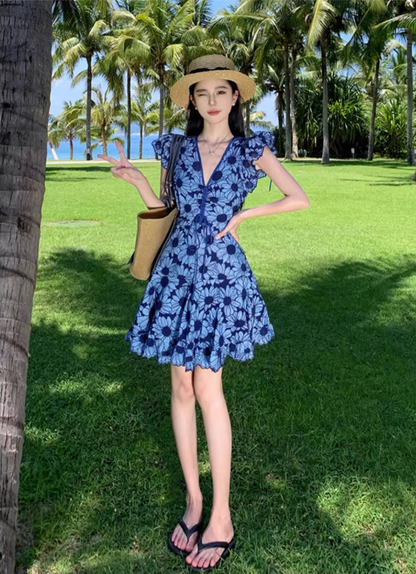 Floral Hem Design Soft Fabric Short Skirt Alluring V-Neck Fitting A-Line Short Dress AP0692