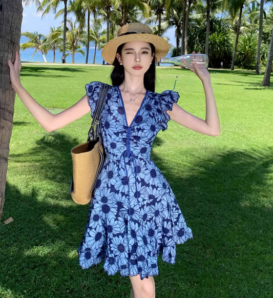 Floral Hem Design Soft Fabric Short Skirt Alluring V-Neck Fitting A-Line Short Dress AP0692