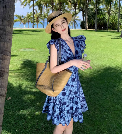 Floral Hem Design Soft Fabric Short Skirt Alluring V-Neck Fitting A-Line Short Dress AP0692