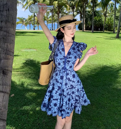 Floral Hem Design Soft Fabric Short Skirt Alluring V-Neck Fitting A-Line Short Dress AP0692