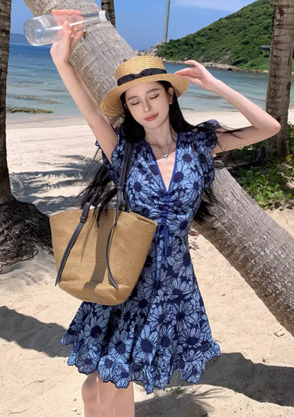 Floral Hem Design Soft Fabric Short Skirt Alluring V-Neck Fitting A-Line Short Dress AP0692