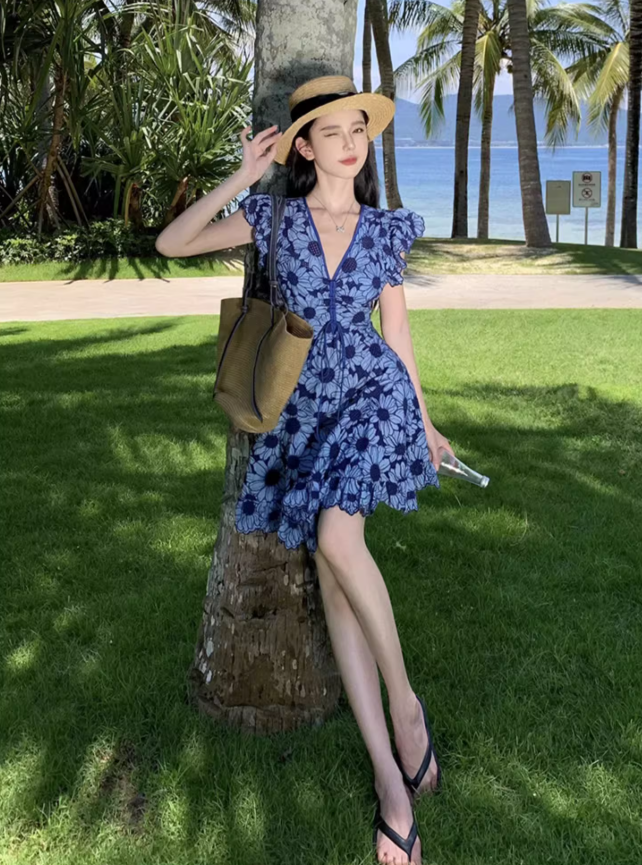 Floral Hem Design Soft Fabric Short Skirt Alluring V-Neck Fitting A-Line Short Dress AP0692