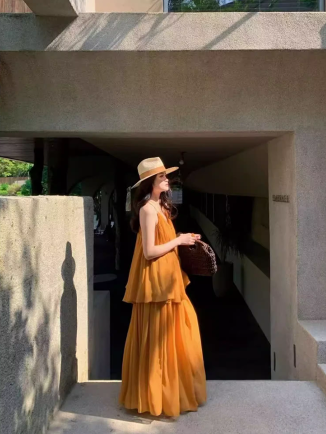 Boho Style Two Piece Set Oversize Maxi Dress Backless V-Neck Travel Outfit Long Dress AP0694