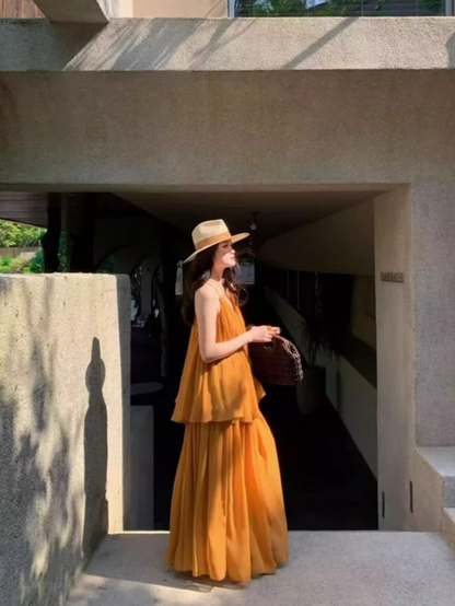 Boho Style Two Piece Set Oversize Maxi Dress Backless V-Neck Travel Outfit Long Dress AP0694