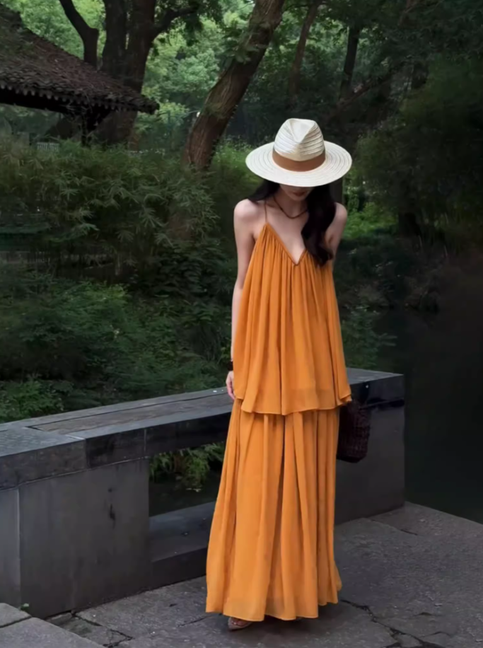 Boho Style Two Piece Set Oversize Maxi Dress Backless V-Neck Travel Outfit Long Dress AP0694