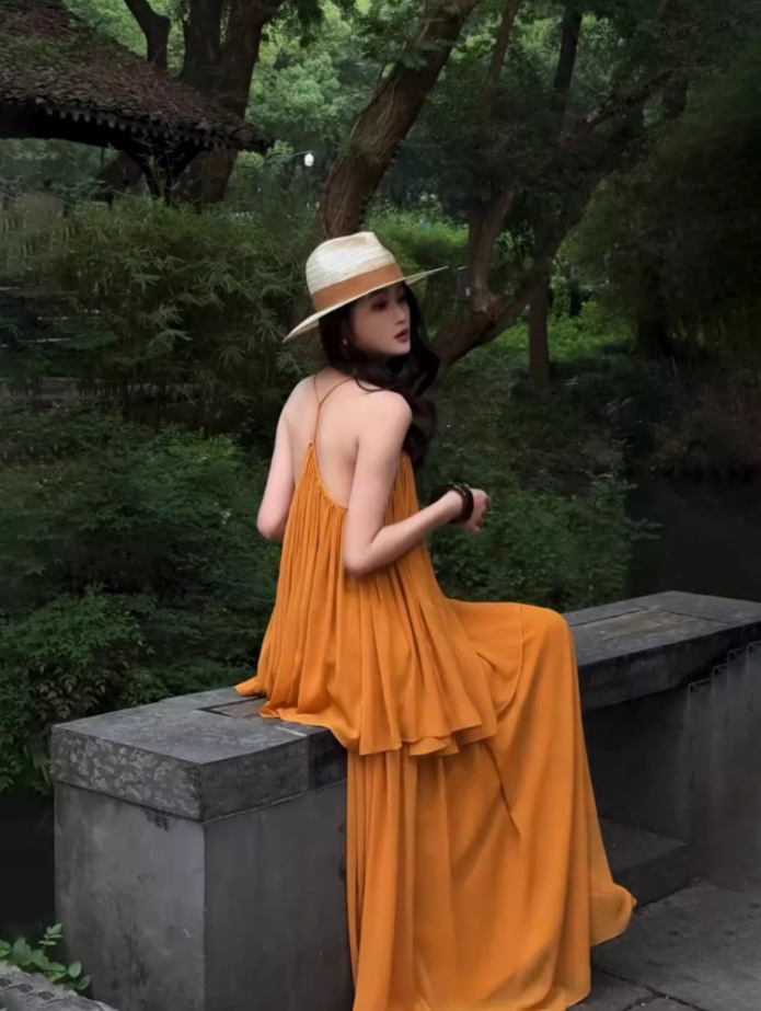 Boho Style Two Piece Set Oversize Maxi Dress Backless V-Neck Travel Outfit Long Dress AP0694