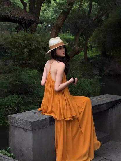 Boho Style Two Piece Set Oversize Maxi Dress Backless V-Neck Travel Outfit Long Dress AP0694