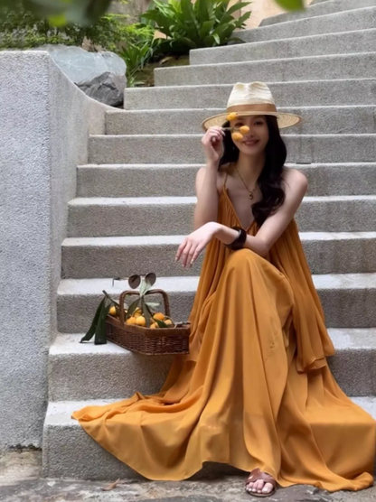 Boho Style Two Piece Set Oversize Maxi Dress Backless V-Neck Travel Outfit Long Dress AP0694