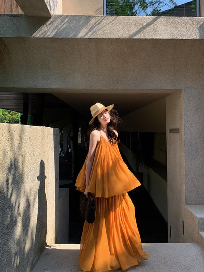 Boho Style Two Piece Set Oversize Maxi Dress Backless V-Neck Travel Outfit Long Dress AP0694