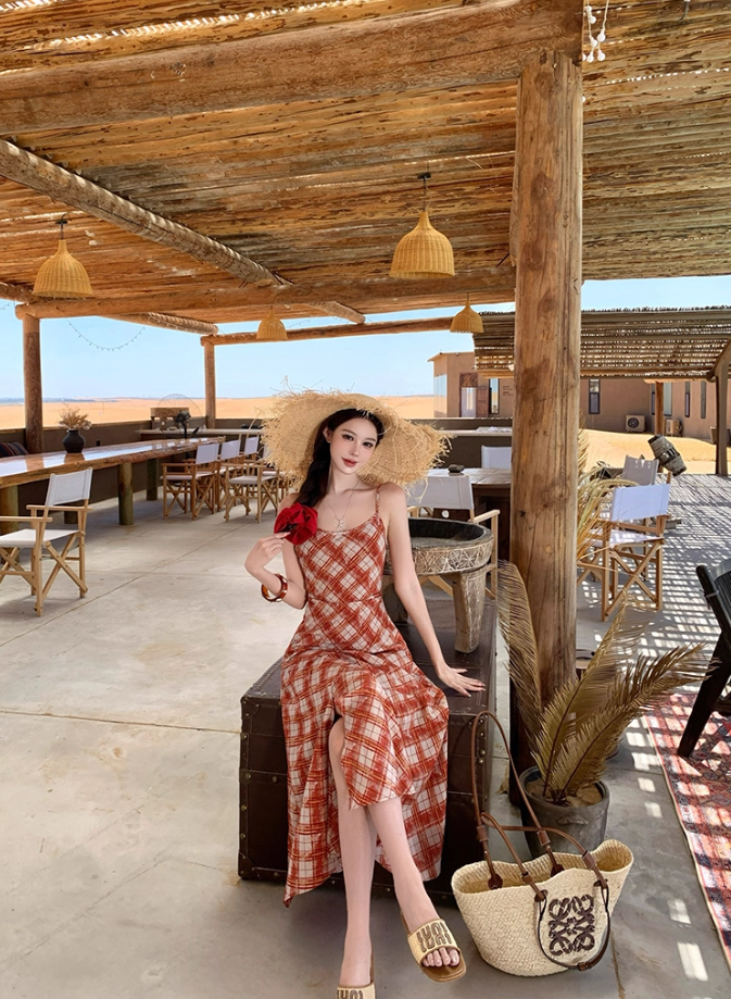 Vibrant Travel Photo Plaid Print Maxi Dress Spaghetti Strap Slit Flattering Long Dress AP0695