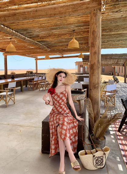 Vibrant Travel Photo Plaid Print Maxi Dress Spaghetti Strap Slit Flattering Long Dress AP0695