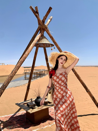 Vibrant Travel Photo Plaid Print Maxi Dress Spaghetti Strap Slit Flattering Long Dress AP0695
