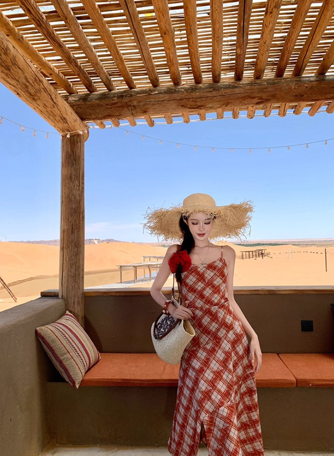 Vibrant Travel Photo Plaid Print Maxi Dress Spaghetti Strap Slit Flattering Long Dress AP0695