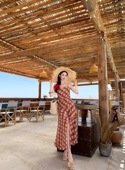 Vibrant Travel Photo Plaid Print Maxi Dress Spaghetti Strap Slit Flattering Long Dress AP0695