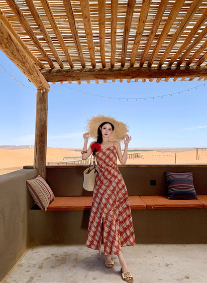 Vibrant Travel Photo Plaid Print Maxi Dress Spaghetti Strap Slit Flattering Long Dress AP0695