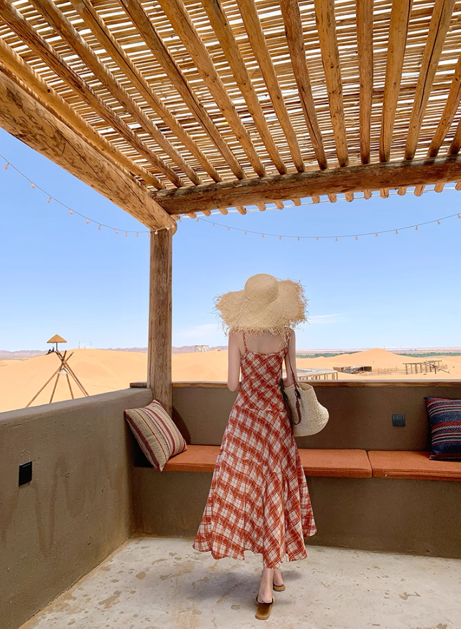 Vibrant Travel Photo Plaid Print Maxi Dress Spaghetti Strap Slit Flattering Long Dress AP0695