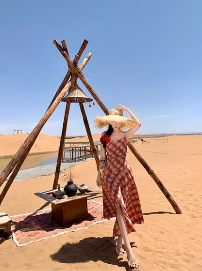 Vibrant Travel Photo Plaid Print Maxi Dress Spaghetti Strap Slit Flattering Long Dress AP0695