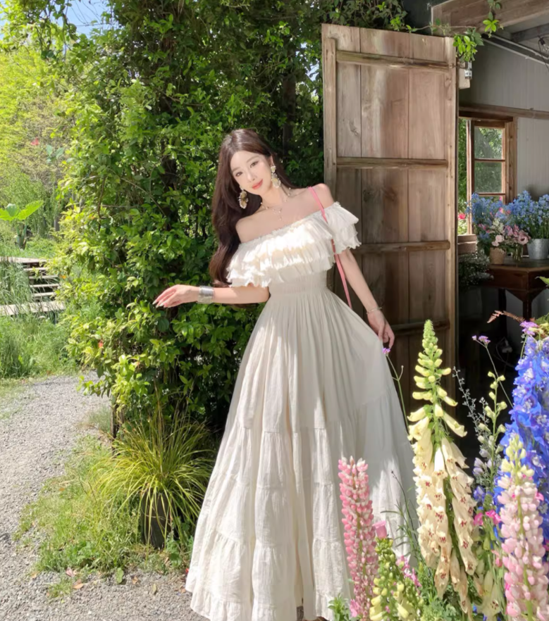 Off-Shoulder Ruffles Layered Strapless Maxi Dress Ethereal Vacation Outfit Long Dress AP0696