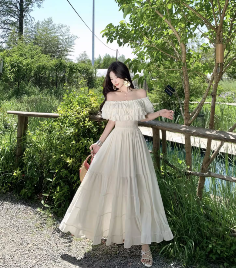 Off-Shoulder Ruffles Layered Strapless Maxi Dress Ethereal Vacation Outfit Long Dress AP0696