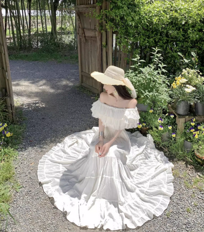 Off-Shoulder Ruffles Layered Strapless Maxi Dress Ethereal Vacation Outfit Long Dress AP0696